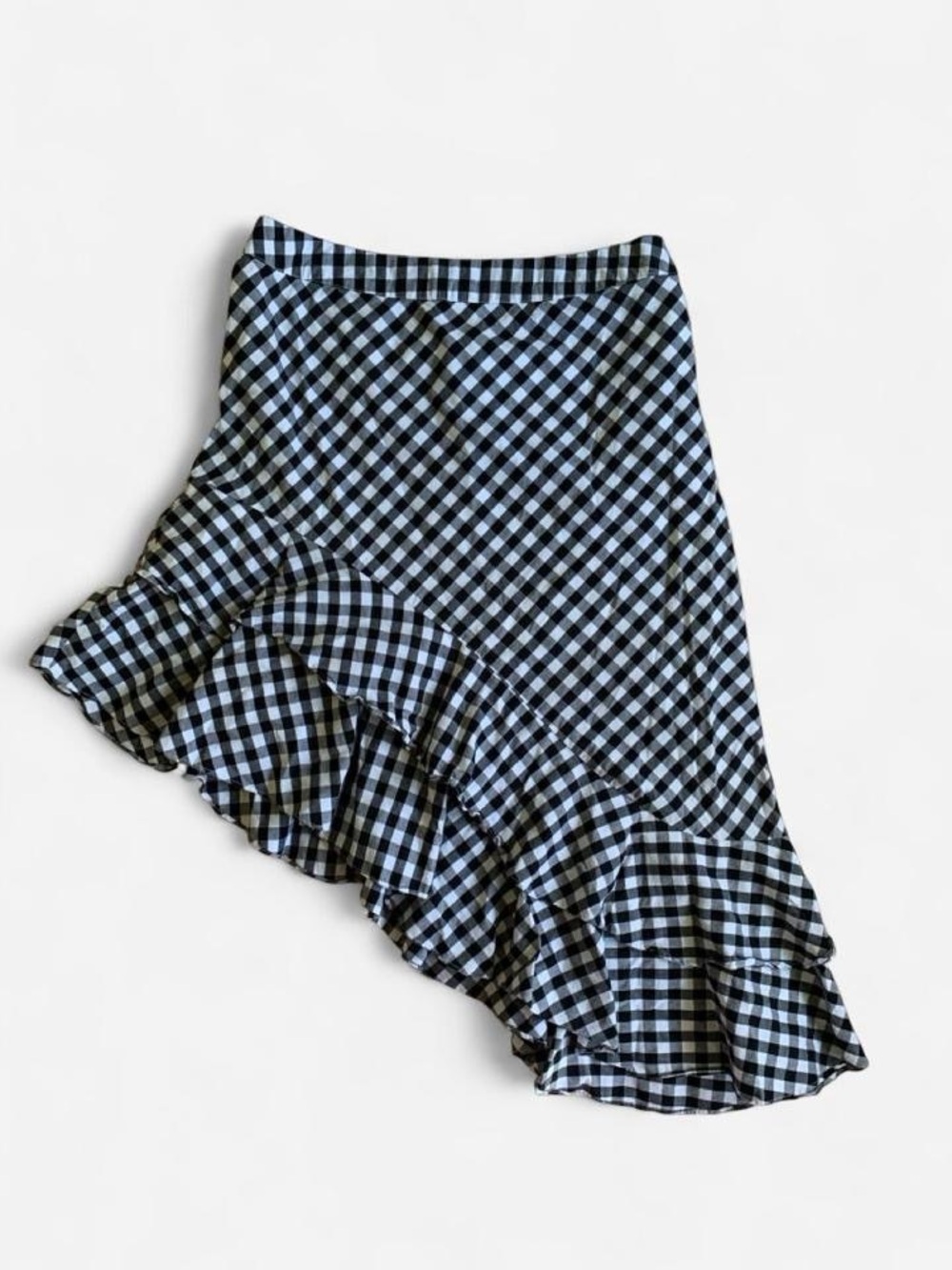 a new day Black & White Gingham Asymmetrical Ruffle Midi Skirt